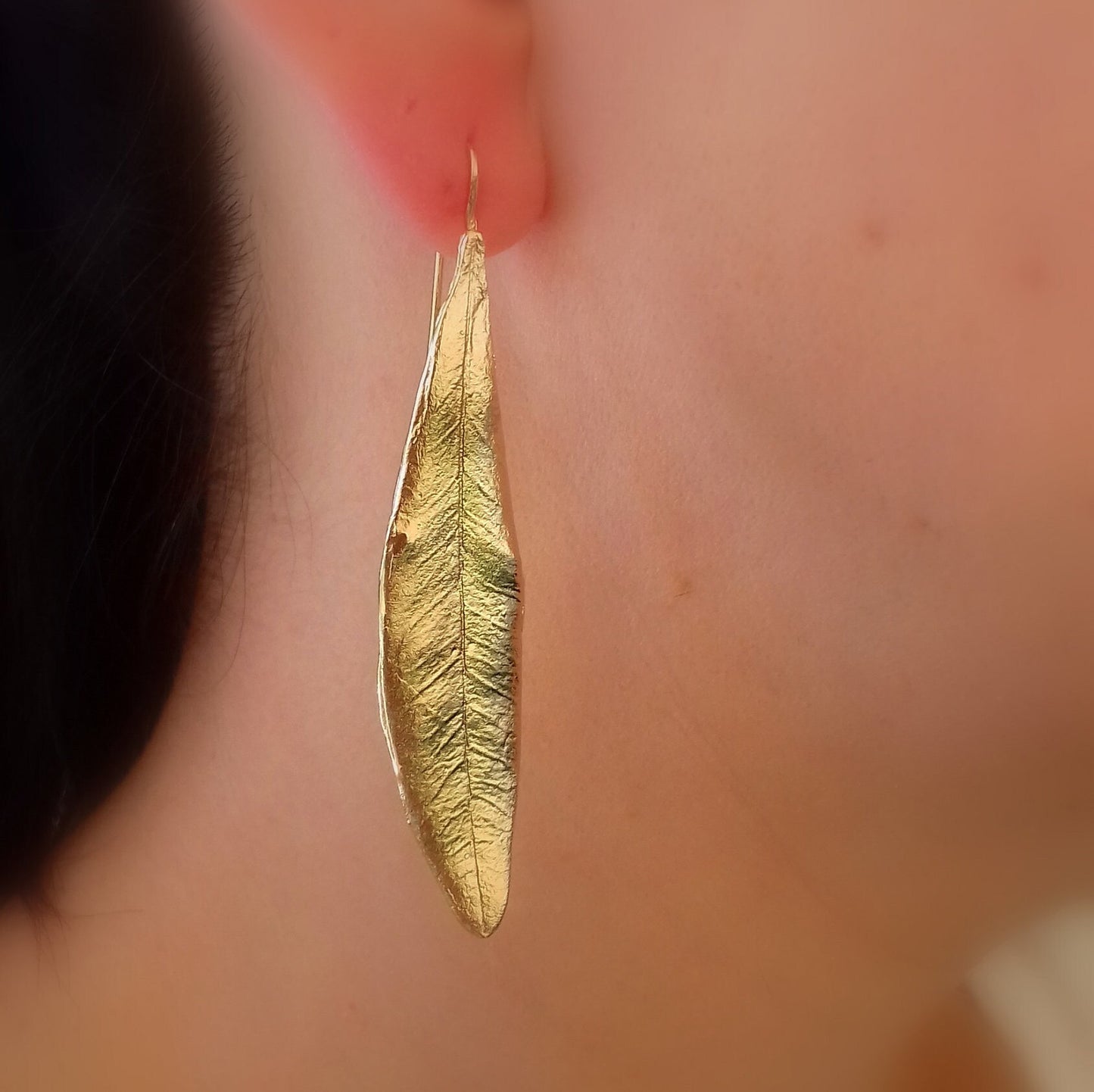 Statement Solid Gold, Real leaf earrings for women. Long Olive Leaf Earrings k18  k14 or k9 by Mother Nature Jewelry