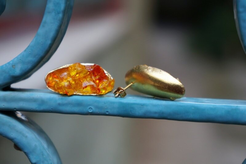 Mussel Shell Earrings,Murano glass, Silver Shell Stud Earring Gold plated .