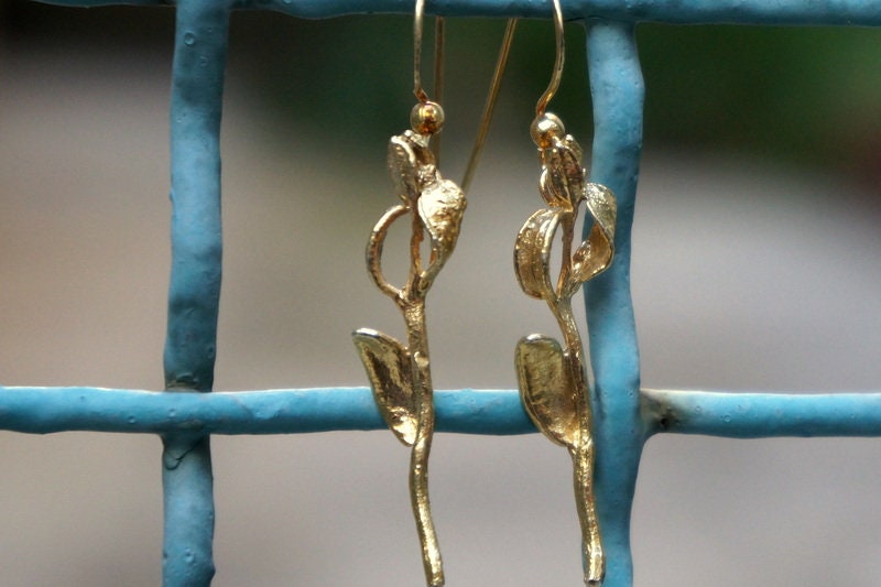 Gold black long Olive branch Earrings. Real plant casting in Sterling Silver 925