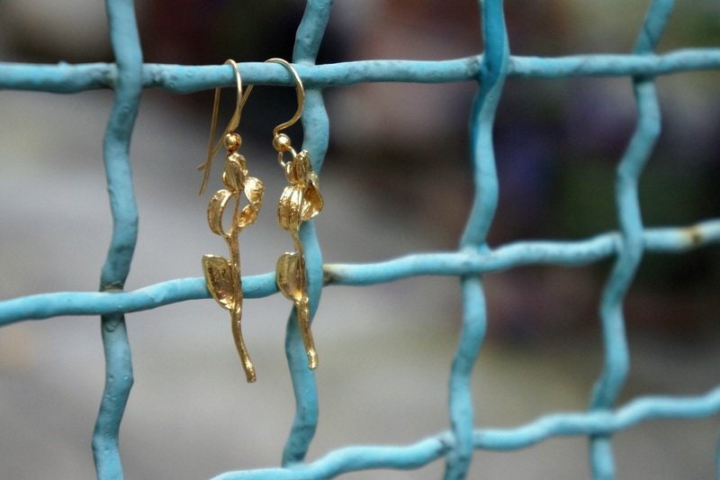 Gold black long Olive branch Earrings. Real plant casting in Sterling Silver 925