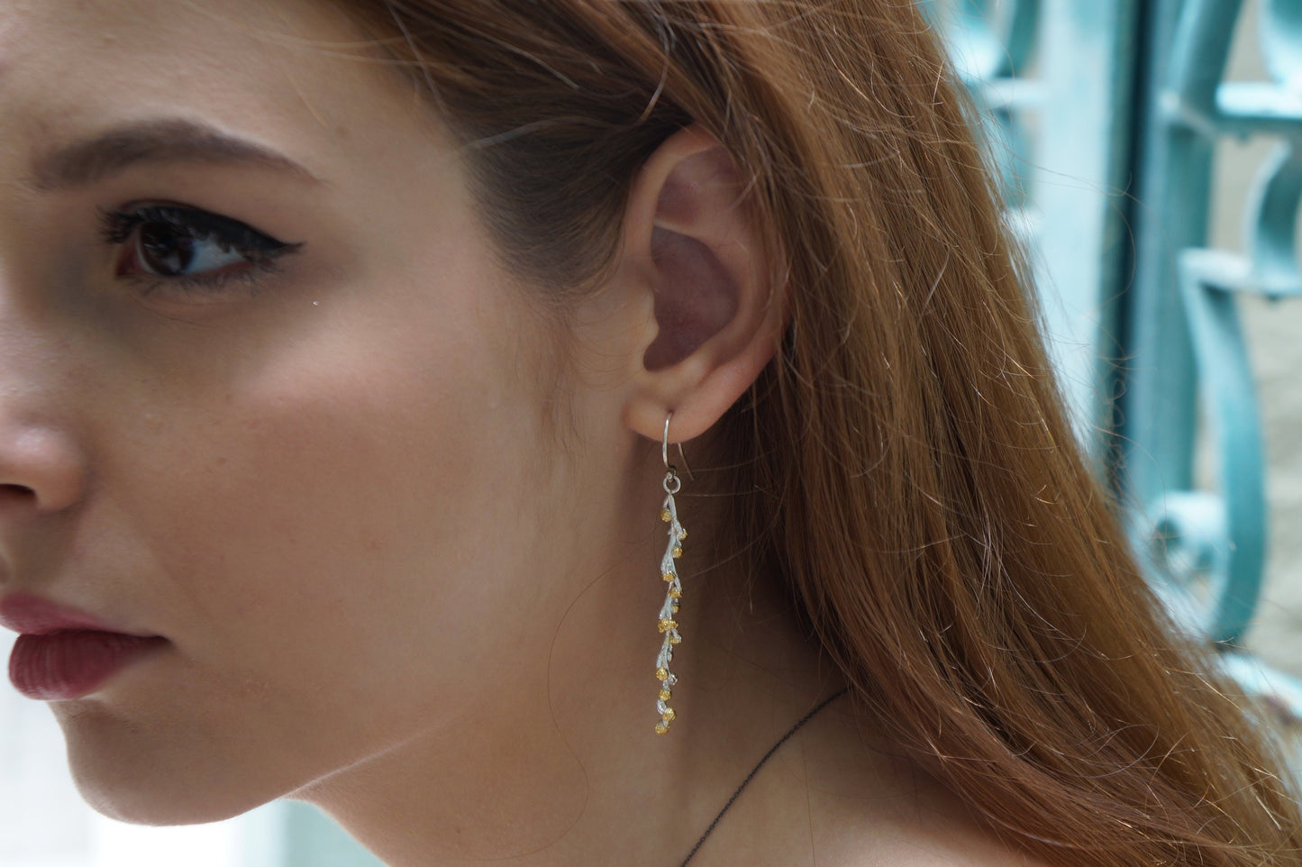 Botanic tree branch Earrings in sterling silver. Real Mimosa Pudica twig with Blossoms, Long Dangle Earrings for women