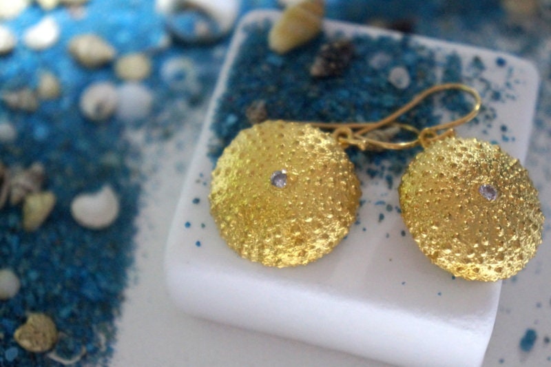 Earrings Gold plated Silver Sea Urchin with Zircon Earrings, Summer Gift , Earrings for women & Girls, Beach themed Wedding Jewelry