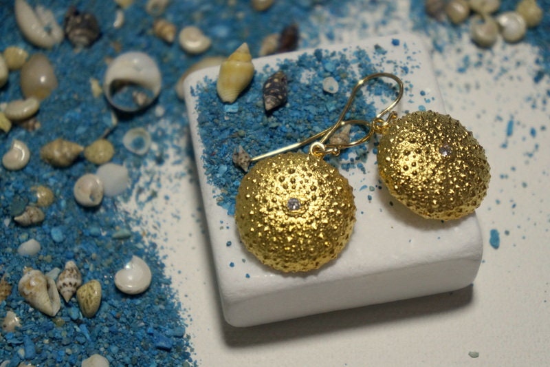 Earrings Gold plated Silver Sea Urchin with Zircon Earrings, Summer Gift , Earrings for women & Girls, Beach themed Wedding Jewelry