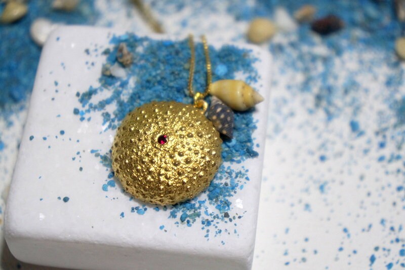 Necklace Gold Real Sea Urchin. Summer Pendant Gift. 14K Gold plated plated Silver Necklace with Zircon Stone.