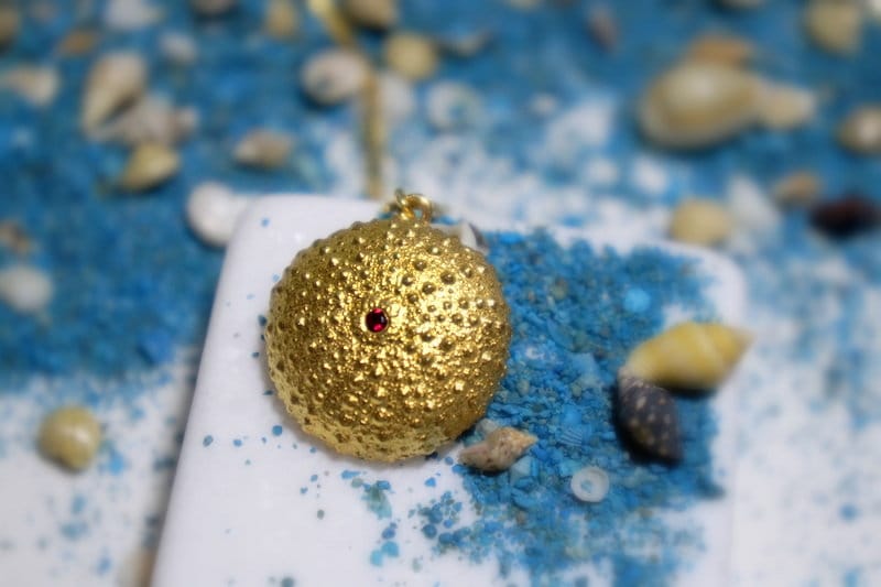 Necklace Gold Real Sea Urchin. Summer Pendant Gift. 14K Gold plated plated Silver Necklace with Zircon Stone.