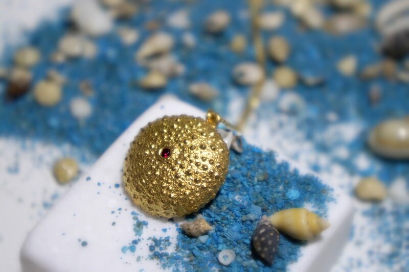 Necklace Gold Real Sea Urchin. Summer Pendant Gift. 14K Gold plated plated Silver Necklace with Zircon Stone.