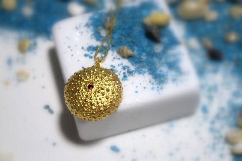 Necklace Gold Real Sea Urchin. Summer Pendant Gift. 14K Gold plated plated Silver Necklace with Zircon Stone.