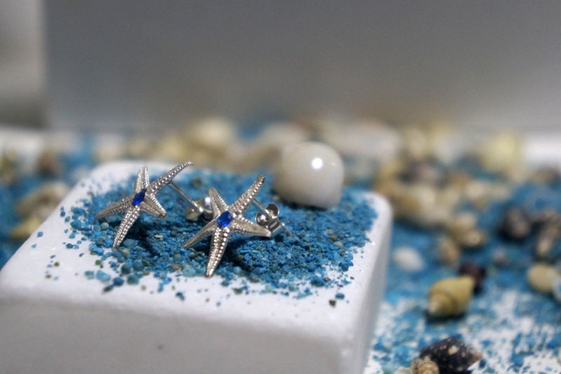 Earrings Real Starfish Stud Earrings with Zircon in sterling silver Fast 2 Days Shipping