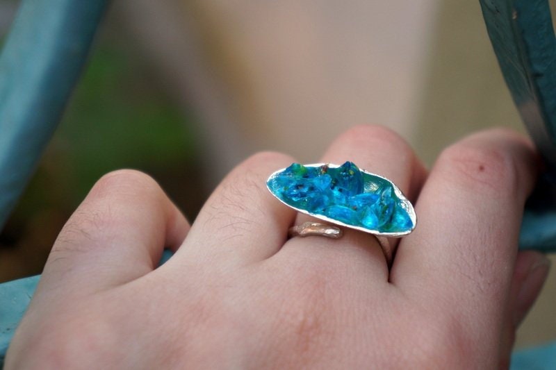 Sterling Silver Mussel Shell Ring, Gift for Wife,  Gift for Women, Big Rings for Women, Unique Gift, Blue Murano Glass Ring, Real sea shell