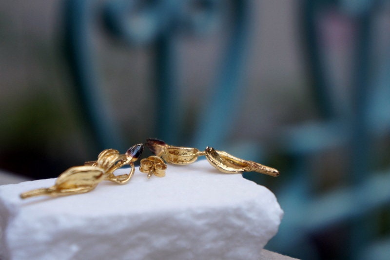 Earrings made from real olive detailed Naturalist Gold and black plated sterling silver Earrings, Olive blossom