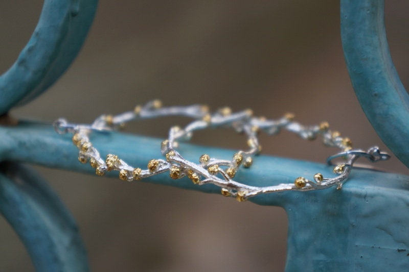 Hoop Earrings sterling Silver mimosa pudica Twig with Gold buds. Real flower jewelry with Recycled silver from Mother Nature Jewelry