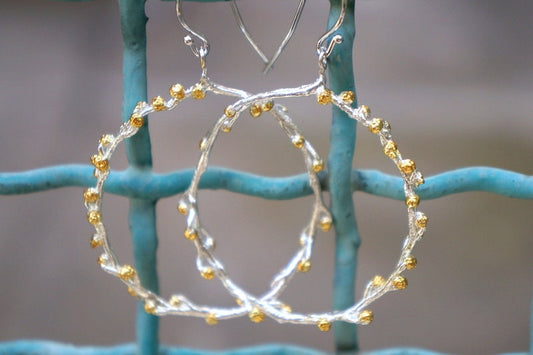 Hoop Earrings sterling Silver mimosa pudica Twig with Gold buds. Real flower jewelry with Recycled silver from Mother Nature Jewelry