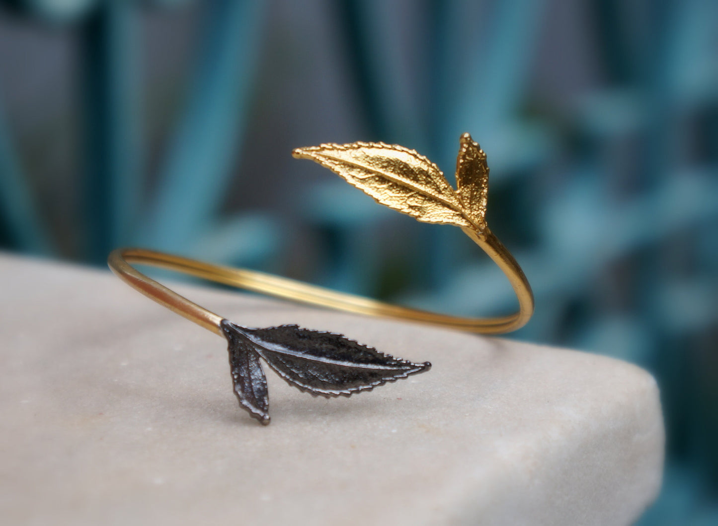 14K Gold plated and Black Rhodium on Sterling Silver leaf cuff bracelet. Roses are ancient symbols of Love and Beauty