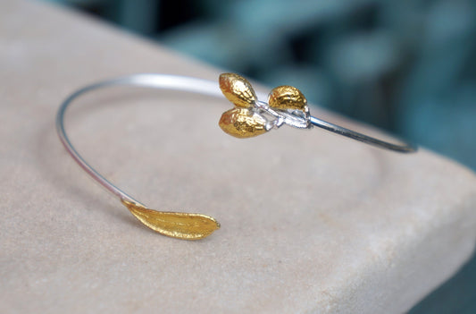 14K Gold plated and Silver Olive Leaf and fruit Bracelet for Women. Recycled Sterling Silver Organic Jewelry