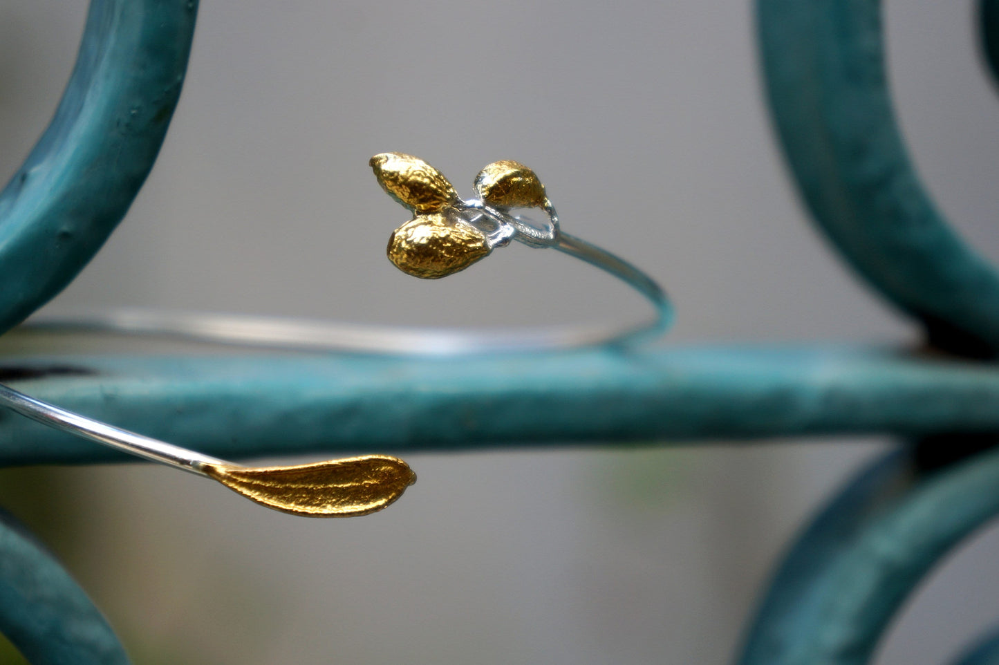 14K Gold plated and Silver Olive Leaf and fruit Bracelet for Women. Recycled Sterling Silver Organic Jewelry