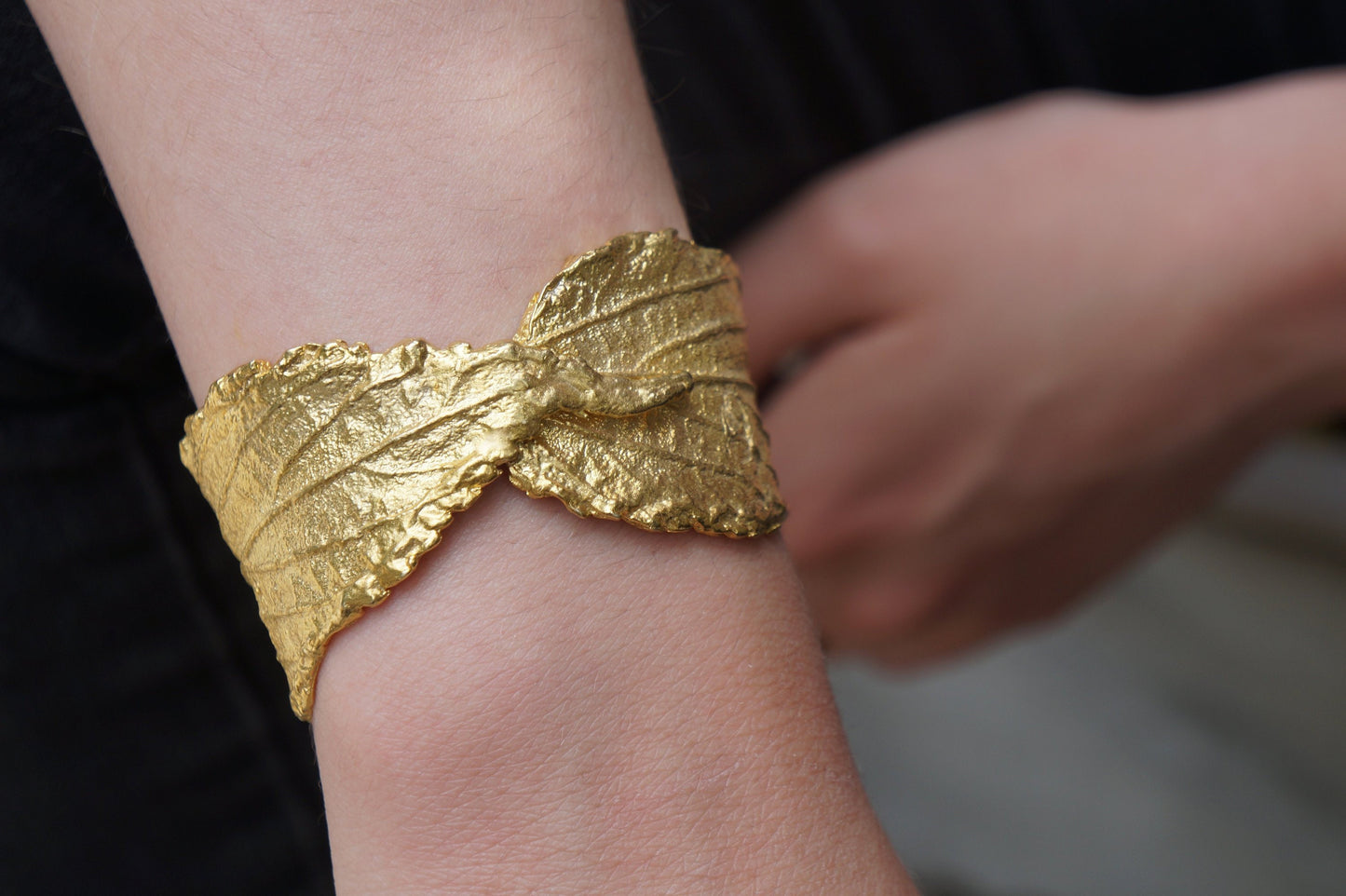 Wide cuff bracelet 14K Gold plated in sterling silver 925 by Real Hibiscus leaf.