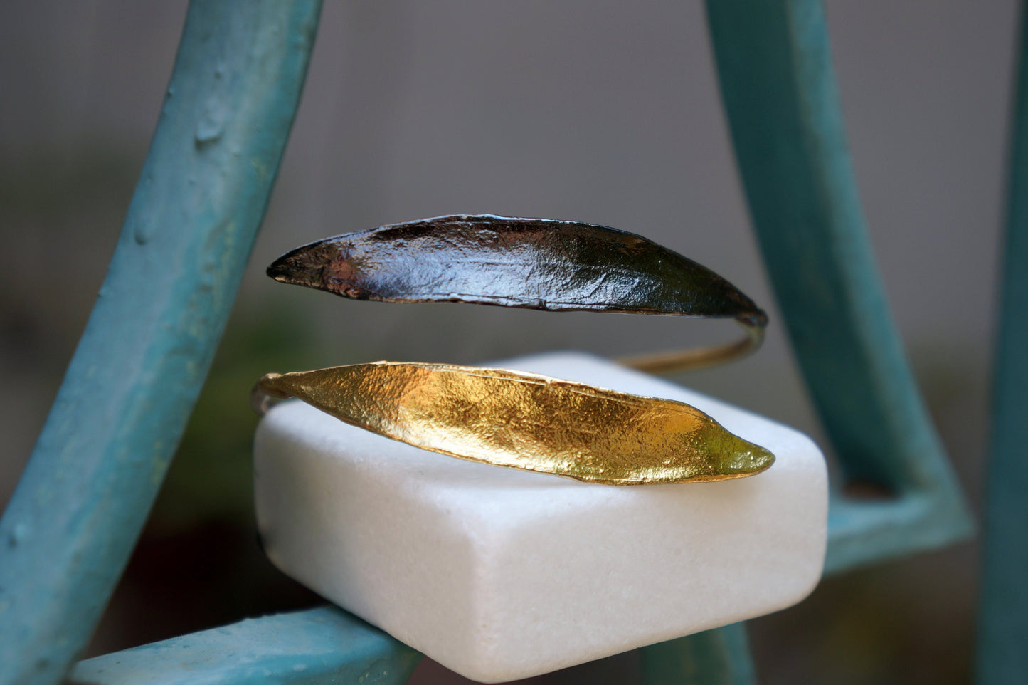 Olive Branch and leaves cuff Bracelet, 14k Gold plated and Black plated on recycled sterling silver, by Mother Nature Jewelry