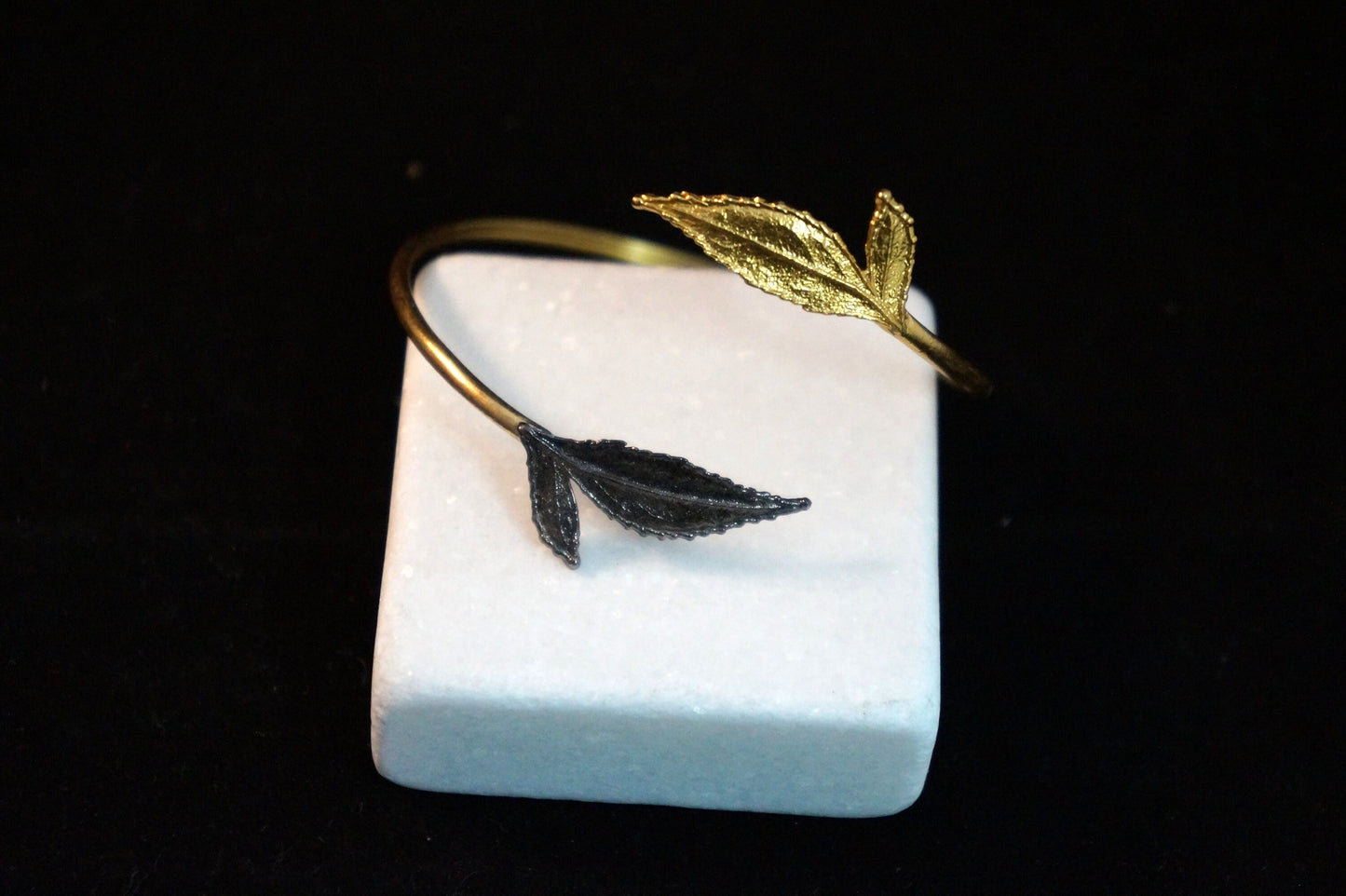 14K Gold plated and Black Rhodium on Sterling Silver leaf cuff bracelet. Roses are ancient symbols of Love and Beauty