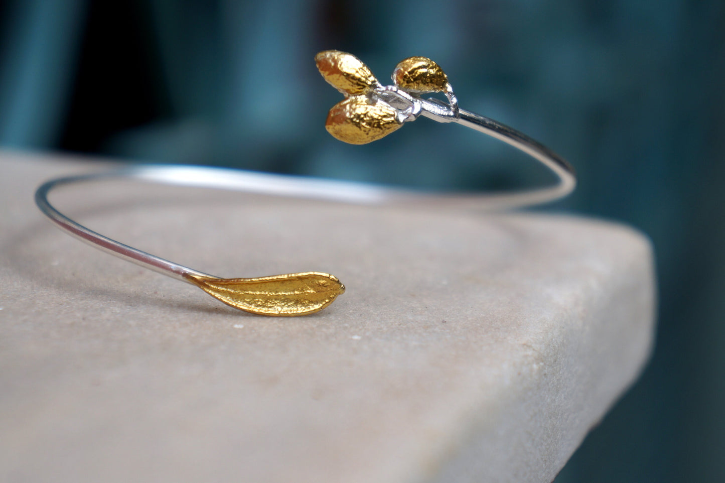 14K Gold plated and Silver Olive Leaf and fruit Bracelet for Women. Recycled Sterling Silver Organic Jewelry