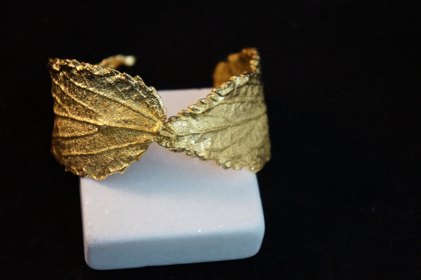 Wide cuff bracelet 14K Gold plated in sterling silver 925 by Real Hibiscus leaf.