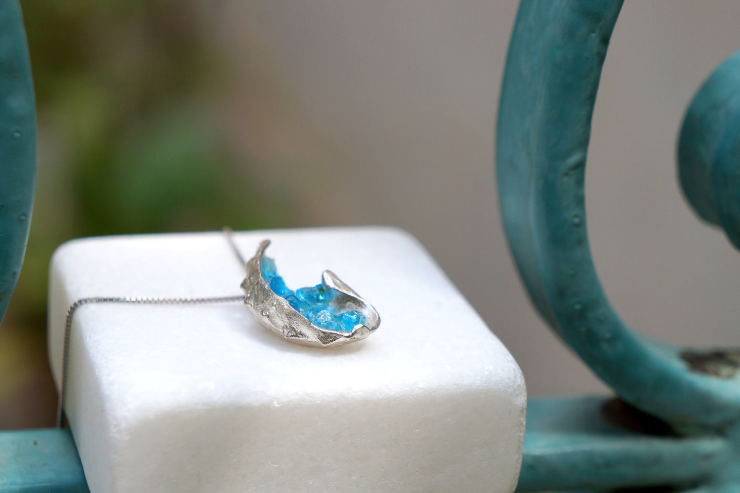 Blue Murano in the Real shell. Sterling silver 925 or 14k Gold plated, Necklace for Women