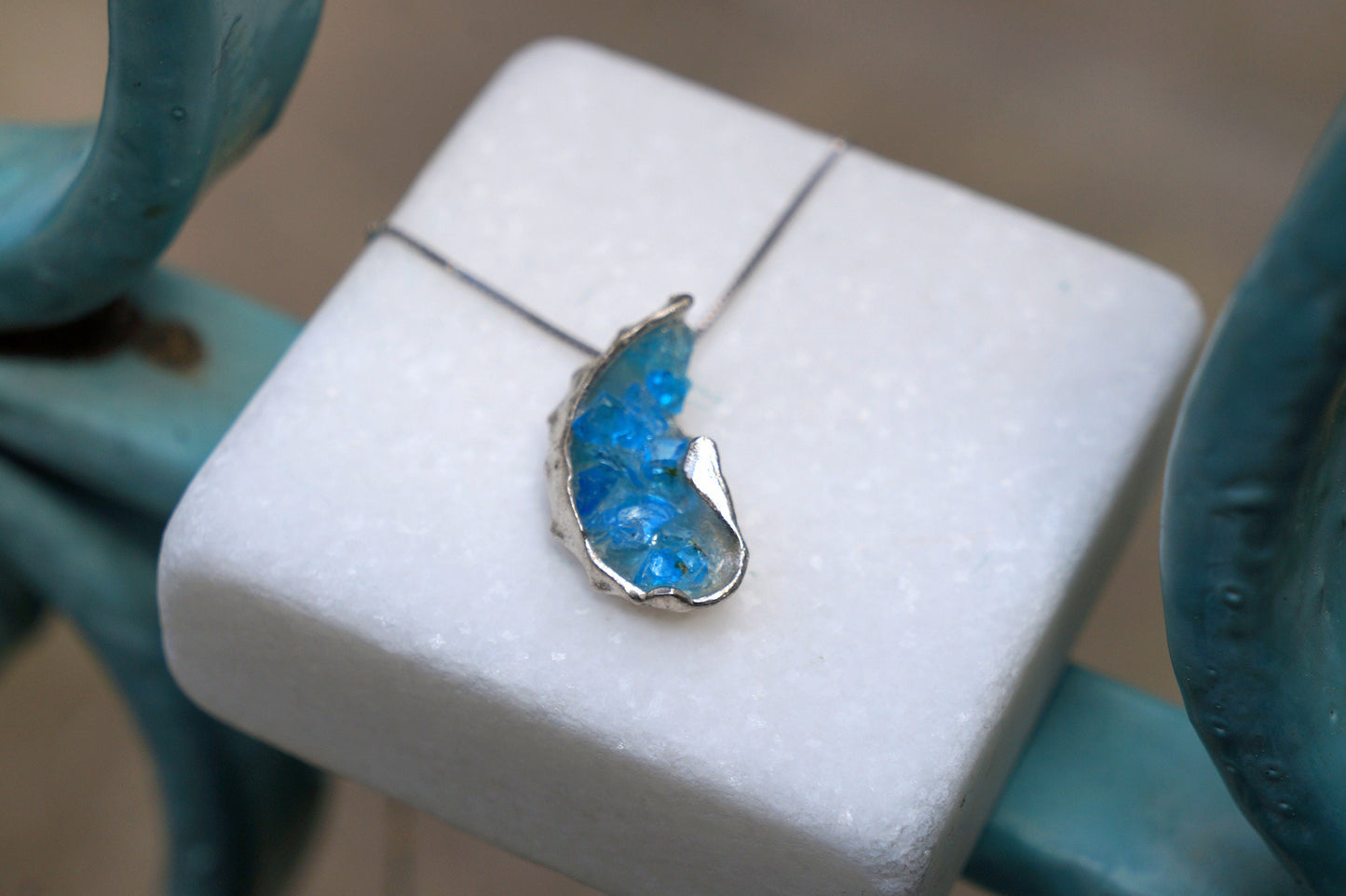 Blue Murano in the Real shell. Sterling silver 925 or 14k Gold plated, Necklace for Women