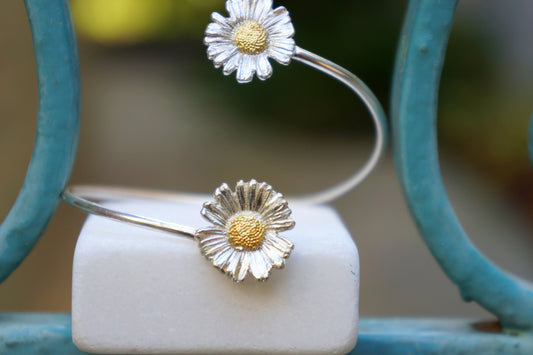 Arm cuff Sterling silver bracelet,Leaf bracelet REAL Chamomile flower bracelet.