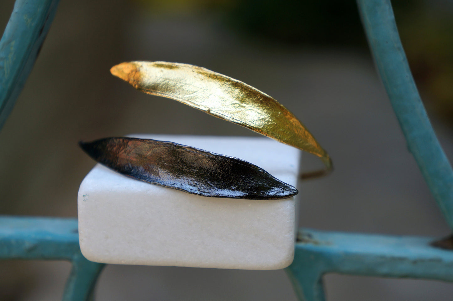 Olive Branch and leaves cuff Bracelet, 14k Gold plated and Black plated on recycled sterling silver, by Mother Nature Jewelry