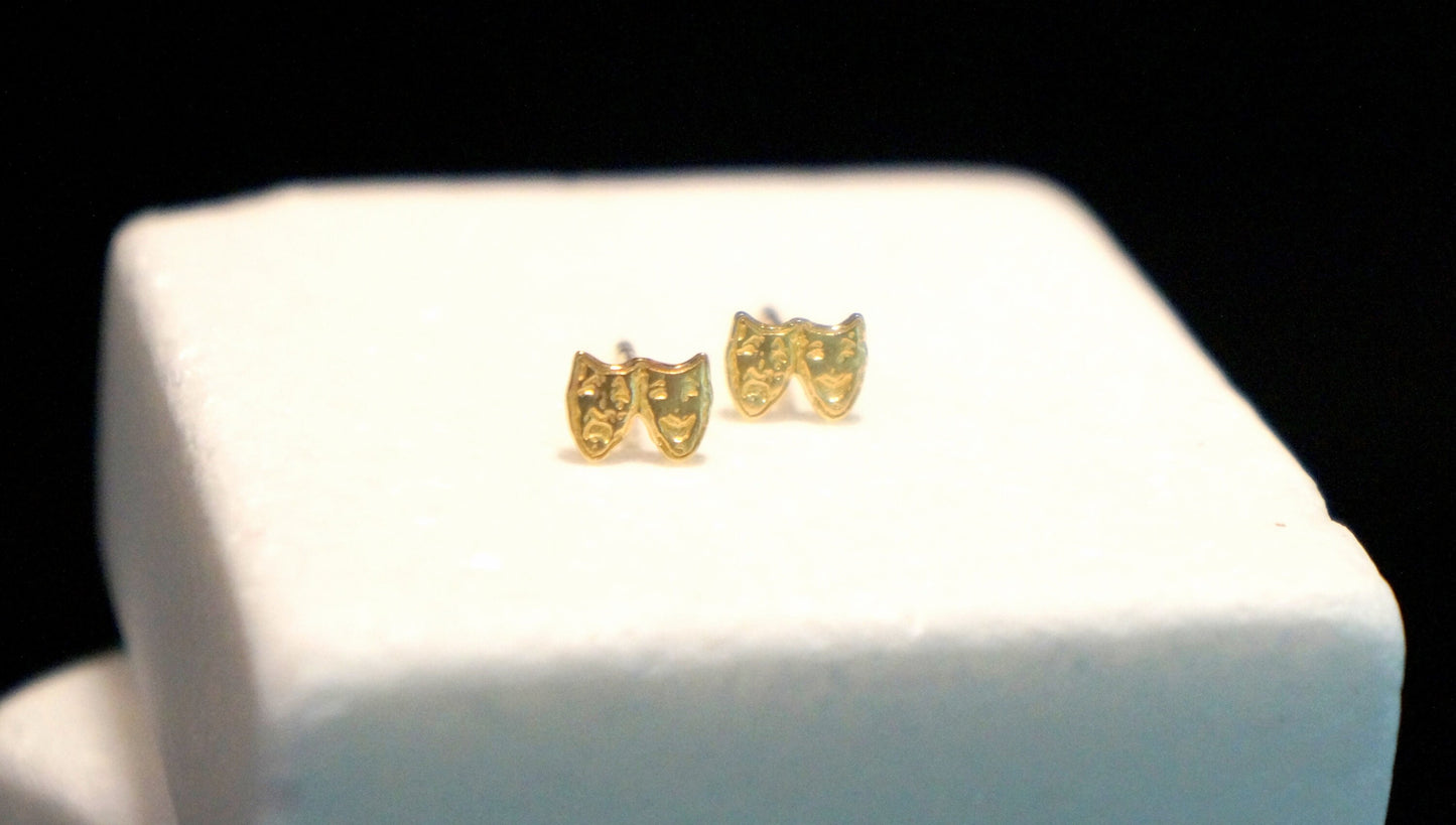 Theater Mask Stud Solid Gold Earrings 18K,14K,9K Comedy and Tragedy depiction..(Rose,White or Yellow gold)