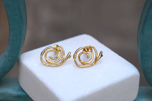 Solid Gold Spiral stud Earrings for Women, Small Jasmine plant Twig Earrings. Represents the journey and changes of life as it unfolds