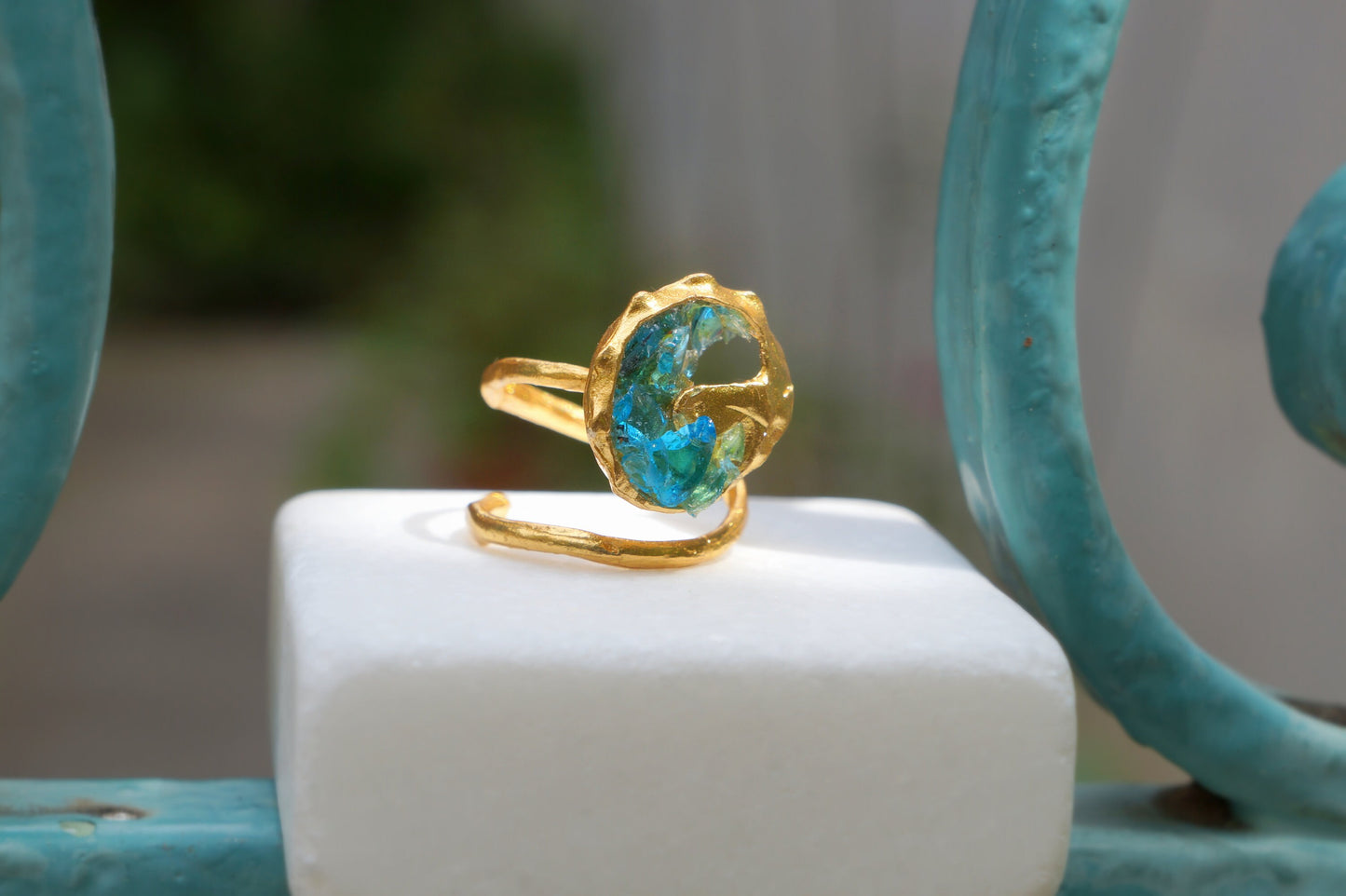 Real Sea Shell and Murano glass Ring for Women, Gold plated silver Ring, Beach and Summer Jewelry for Her, Summer Wedding Jewelry