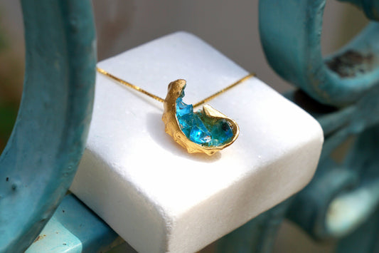 Blue Murano in the Real shell. Sterling silver 925 or 14k Gold plated, Necklace for Women