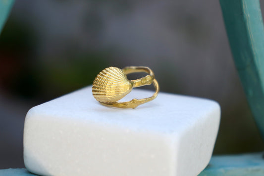 Solid Gold Twig & shell Summer Rings for Women, Real Sea Shell in 22k-18k-14K-9k Gold and Tree twig.