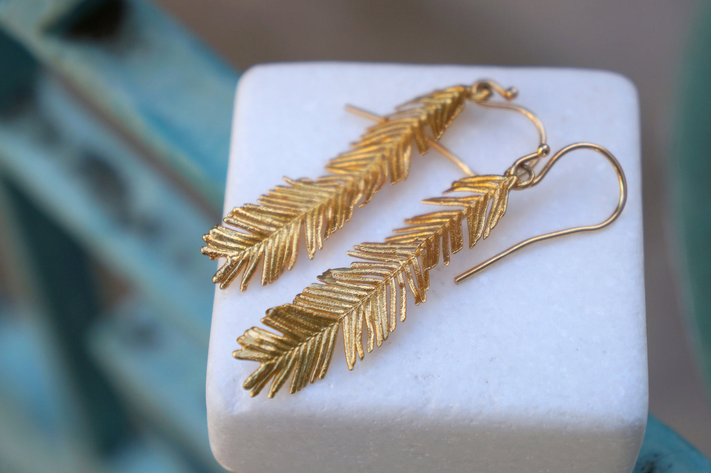 Solid Gold Long Leaf Earrings for Women, Mother Nature Gold Earrings. Special Gift.Acacia tree is symbol of renewal,Fortitude and Pureness