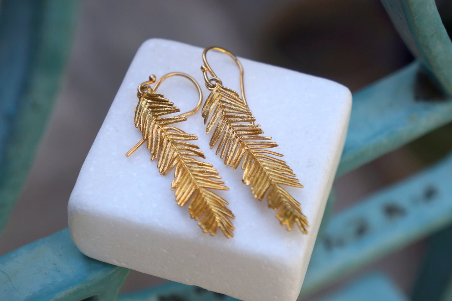 Solid Gold Long Leaf Earrings for Women, Mother Nature Gold Earrings. Special Gift.Acacia tree is symbol of renewal,Fortitude and Pureness