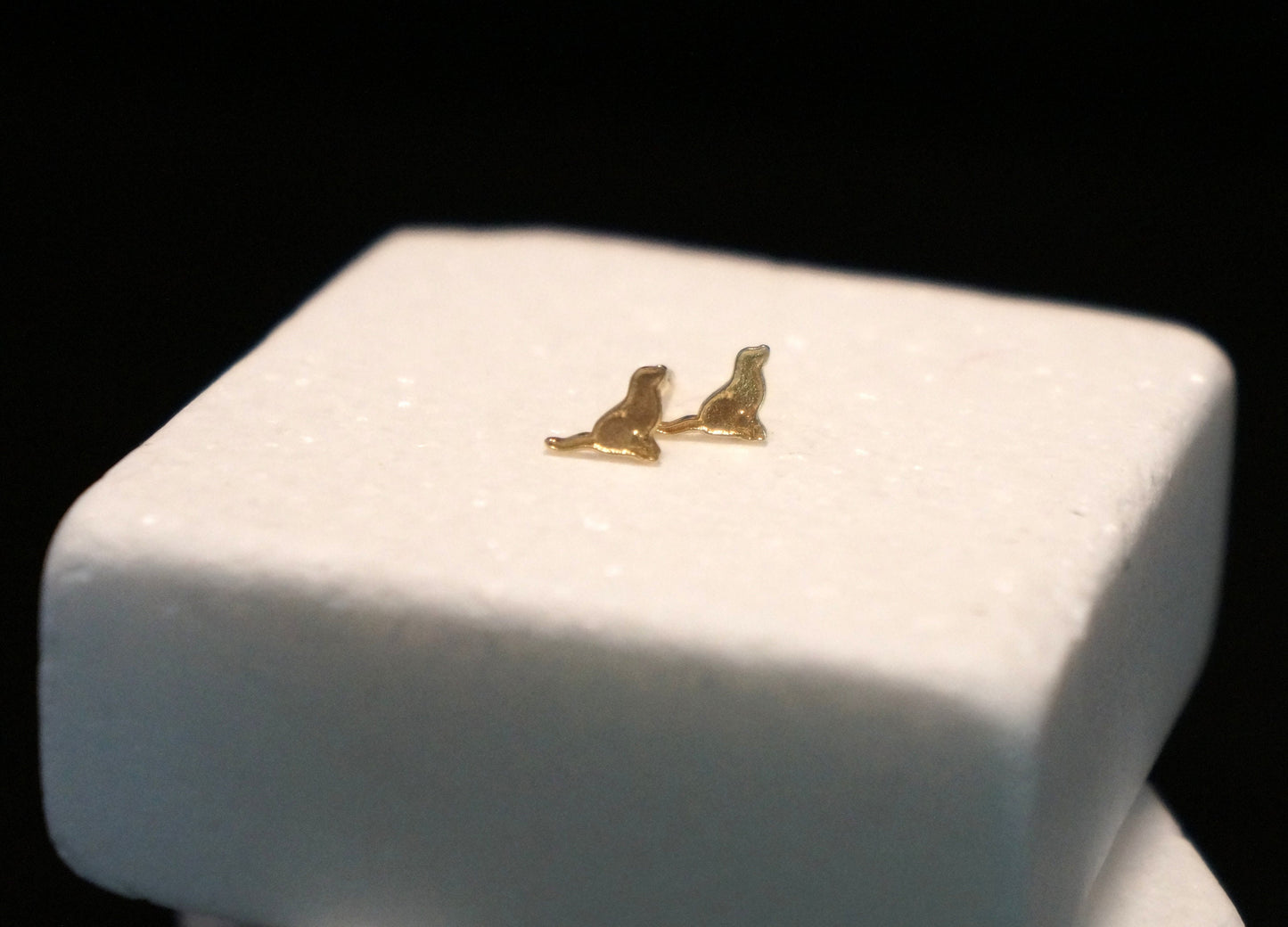 Dog best friend. Animal Mismatched Solid gold tiny earrings, Pet Lover gift earrings in Solid Gold 18K - 14K - 9K. Gold unisex stud earrings