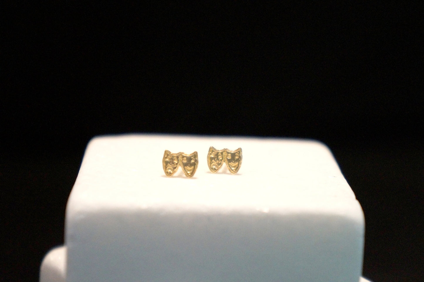 Theater Mask Stud Solid Gold Earrings 18K,14K,9K Comedy and Tragedy depiction..(Rose,White or Yellow gold)