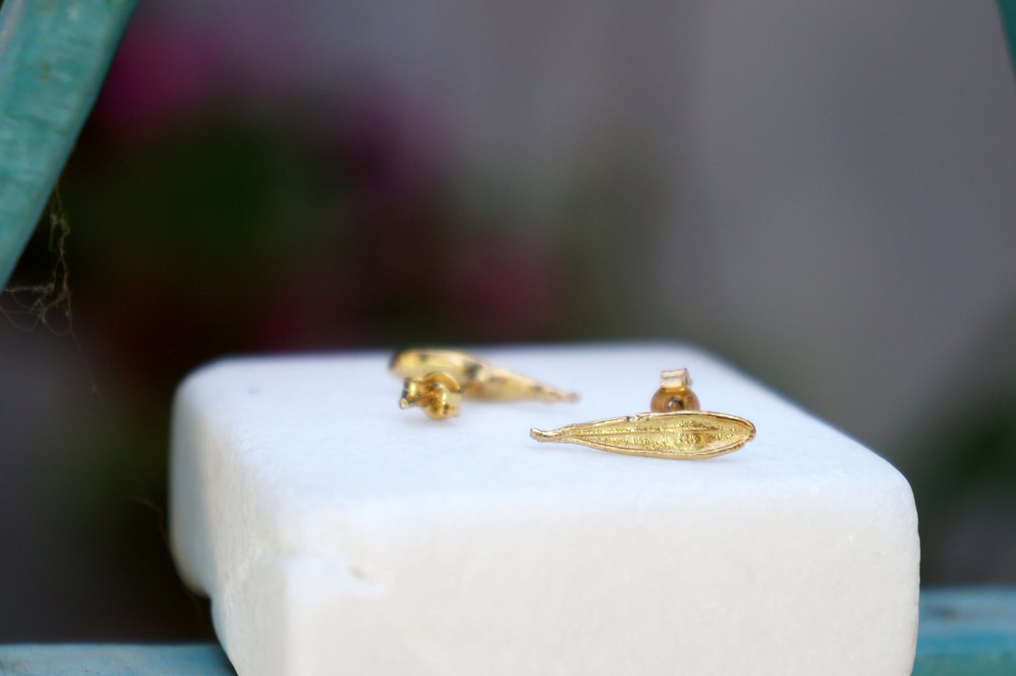 Solid Gold mini Leaf Earrings, Small Real Olive Leaf studs in 9K - 14K - 18K, Tiny naturalist studs by Mother nature jewelry