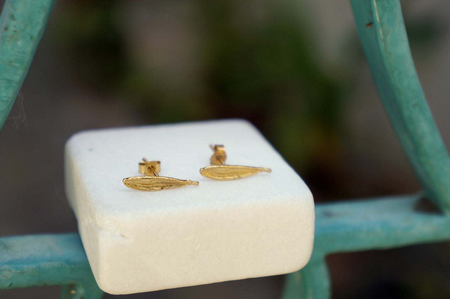 Solid Gold mini Leaf Earrings, Small Real Olive Leaf studs in 9K - 14K - 18K, Tiny naturalist studs by Mother nature jewelry