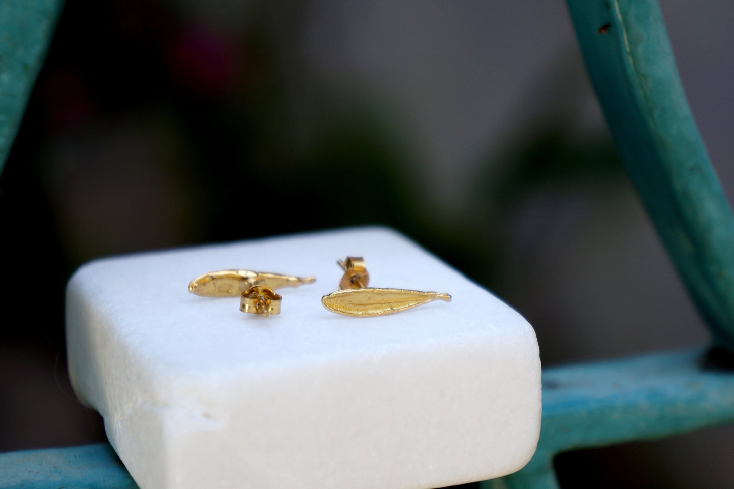 Solid Gold mini Leaf Earrings, Small Real Olive Leaf studs in 9K - 14K - 18K, Tiny naturalist studs by Mother nature jewelry