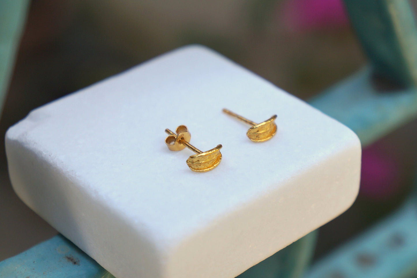 Solid Gold tiny stud leaf earrings, 9k,14k,18k. Gold mini Olive tree Leaves for Men -Women or Kids by Mother nature jewelry.