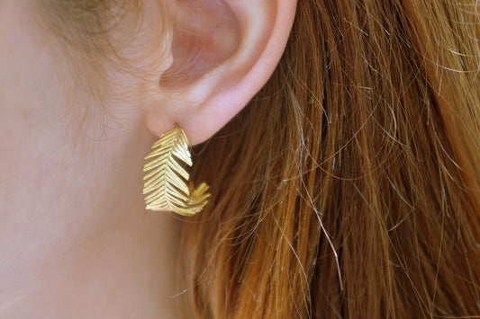 Solid Gold Hoops earrings for women. Mimosa - Acacia plant Leaves in Yellow Gold - Nature Lover Elegant Gift Ideas jewelry.