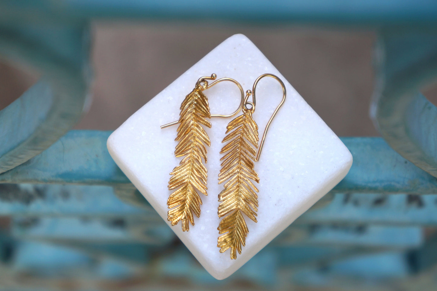 Solid Gold Long Leaf Earrings for Women, Mother Nature Gold Earrings. Special Gift.Acacia tree is symbol of renewal,Fortitude and Pureness