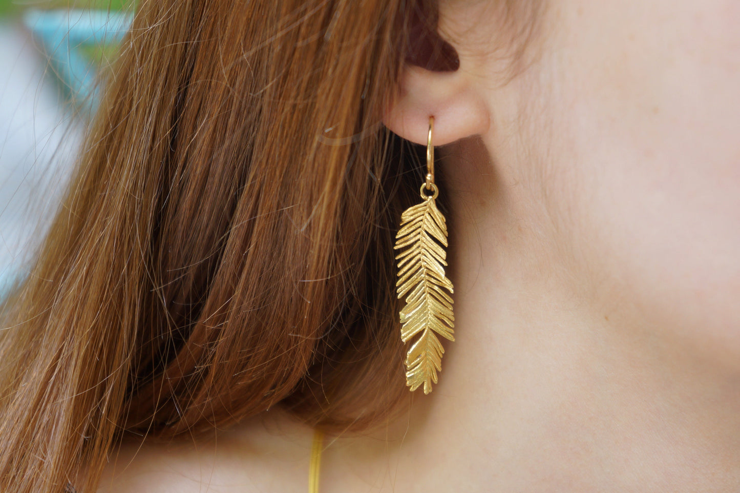 Solid Gold Long Leaf Earrings for Women, Mother Nature Gold Earrings. Special Gift.Acacia tree is symbol of renewal,Fortitude and Pureness