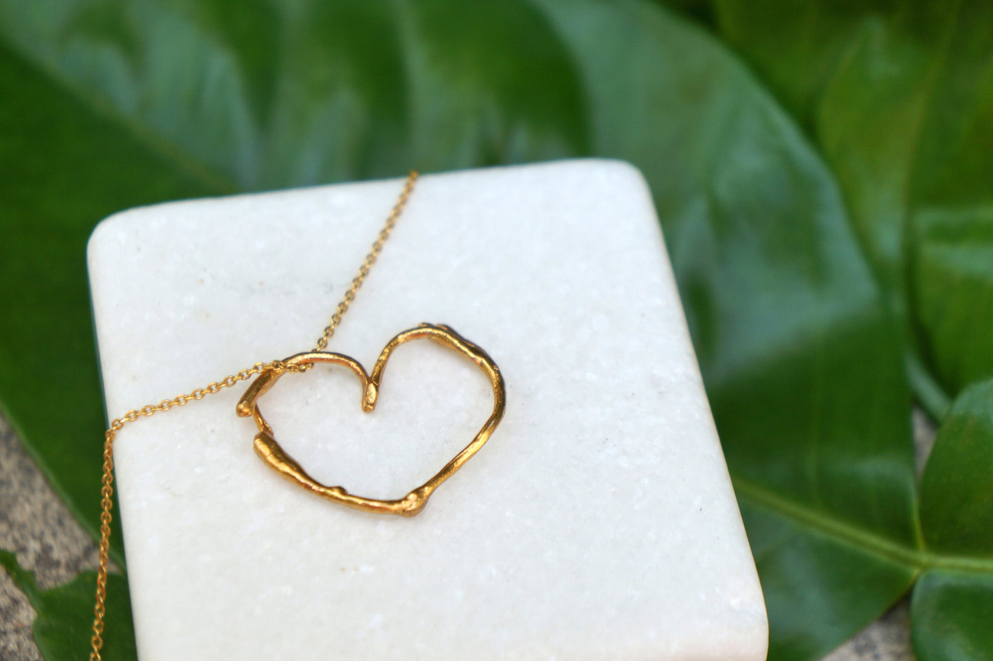 Pressed flower, Real Jasmine plant Twig Heart Necklace on Gold plated sterling silver