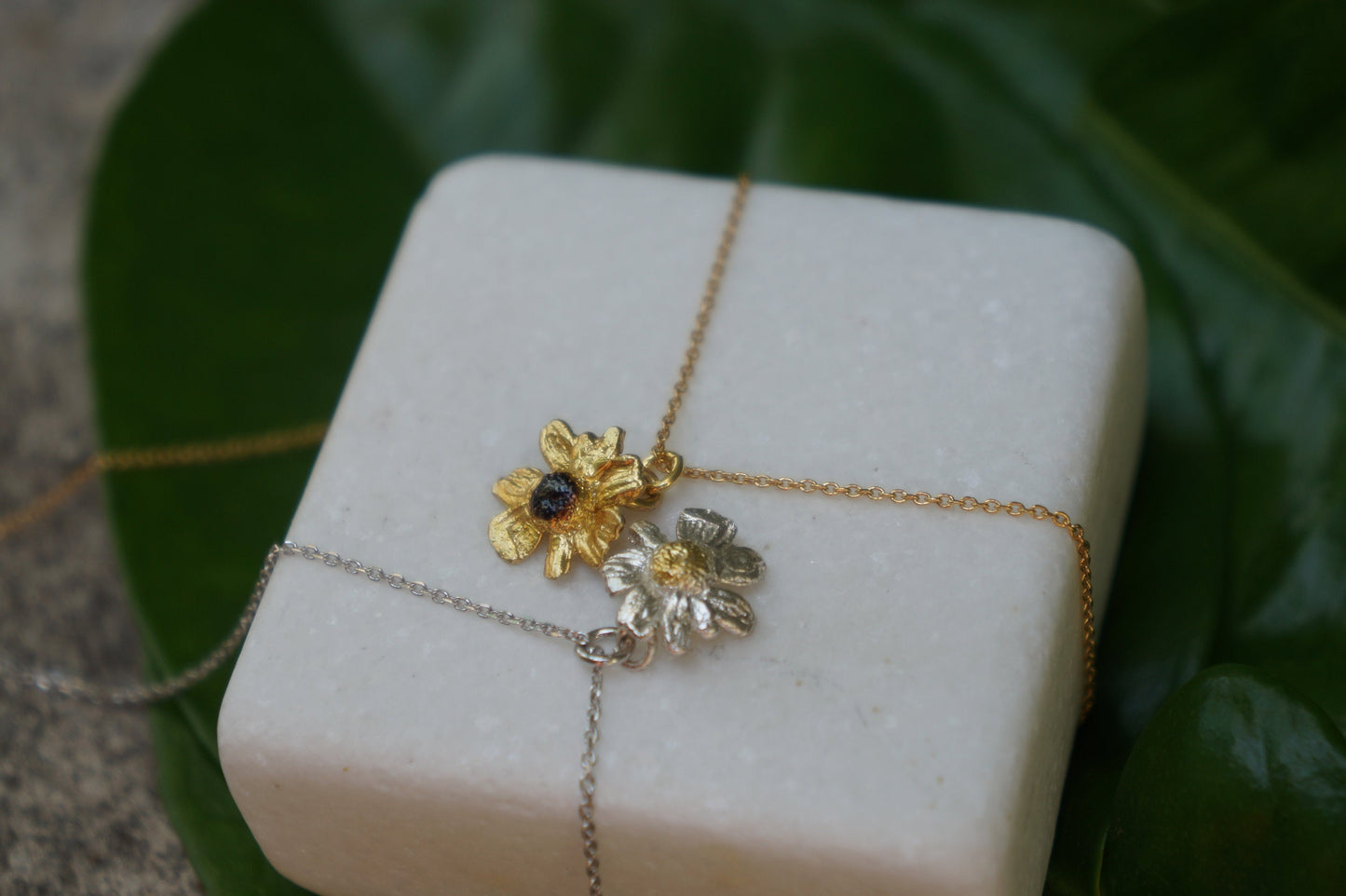 Black mini chamomile flower pendant.Sterling silver minimalist necklace ,14K Goldplated.