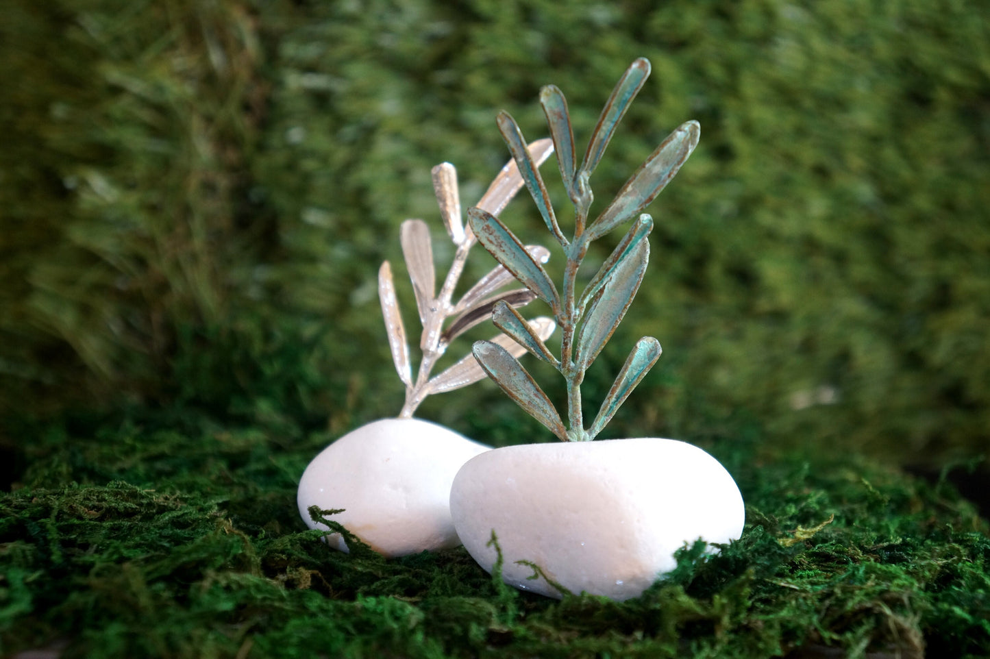 Housewarming or office Decor Gift. Real Olive branch on a sea stone.Silver plated or Green oxidation.Symbol of Peace, protection & fertility