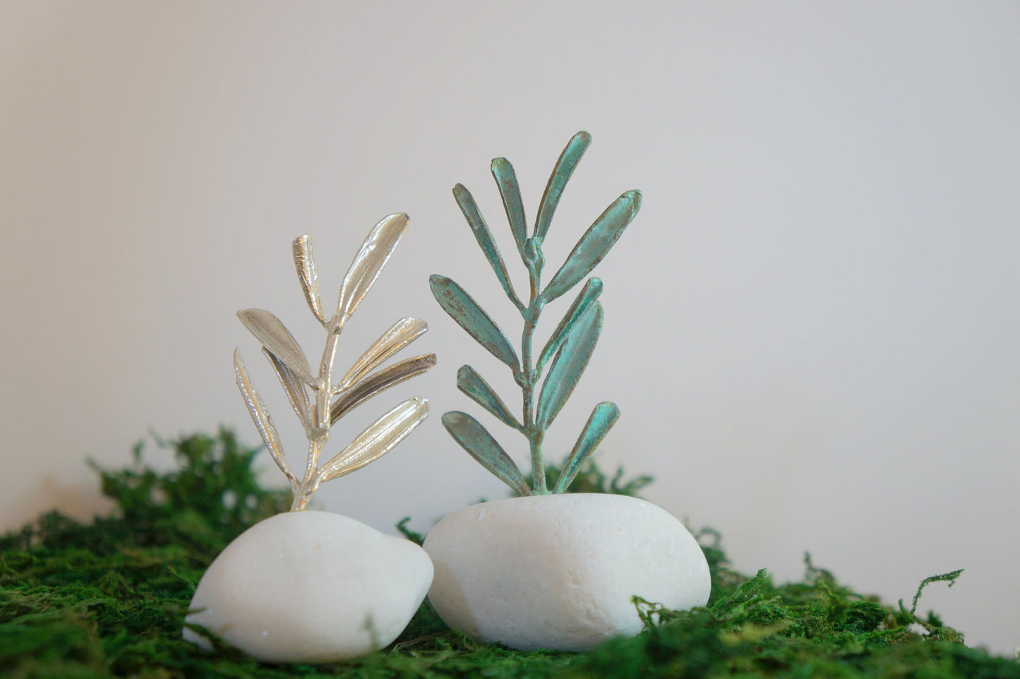 Housewarming or office Decor Gift. Real Olive branch on a sea stone.Silver plated or Green oxidation.Symbol of Peace, protection & fertility