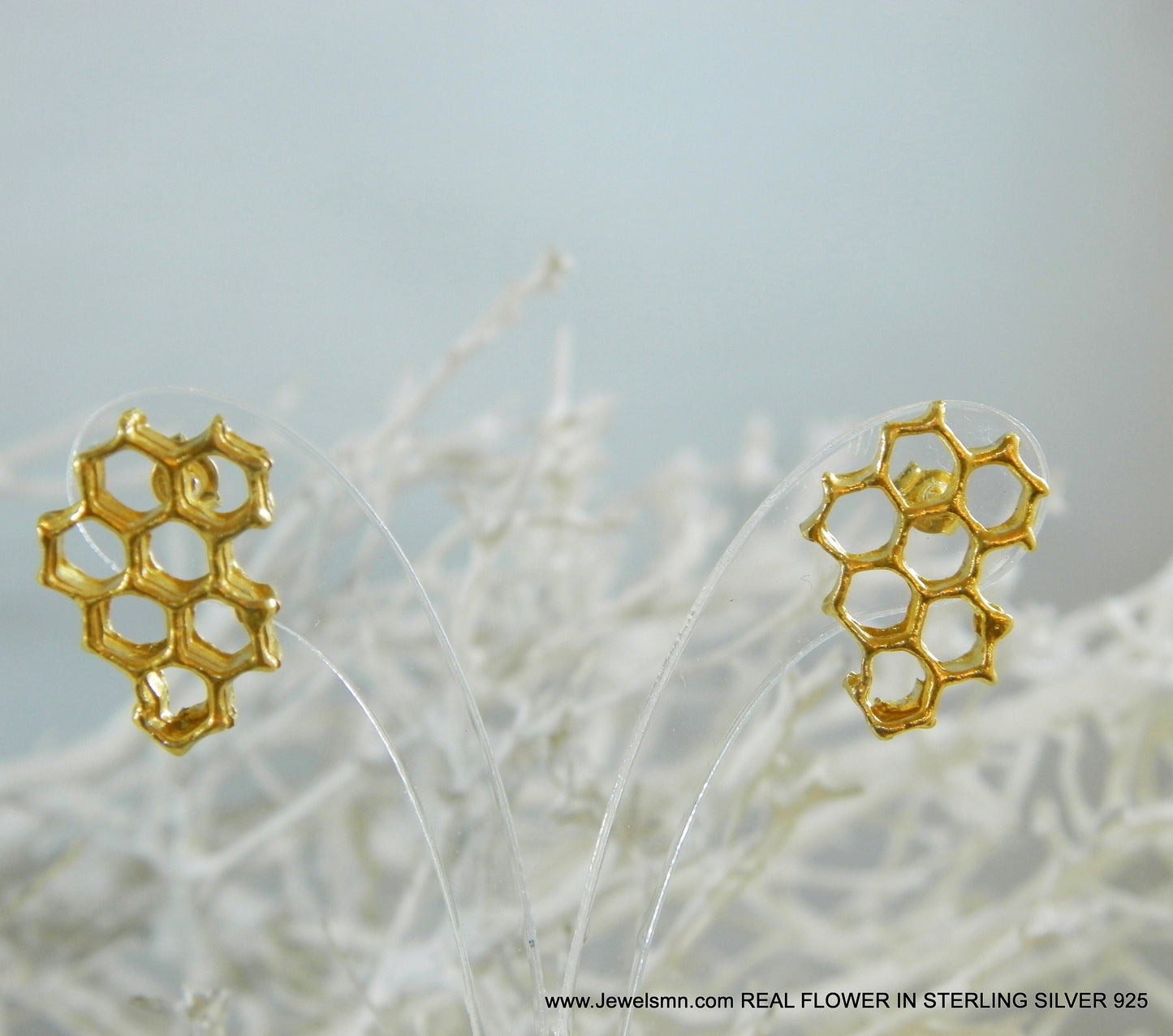 Gold Real honeycomb shelves Earrings. 18k Gold plated on sterling silver. Bee symbolizes community and personal power.