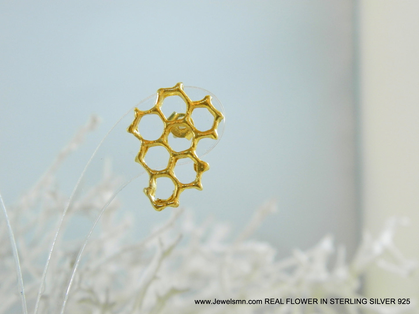 Gold Real honeycomb shelves Earrings. 18k Gold plated on sterling silver. Bee symbolizes community and personal power.